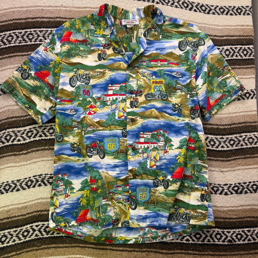 Vintage 90's Pacific Legend Route 66 Biker Hawaiian Green Button Up Shirt Sz L